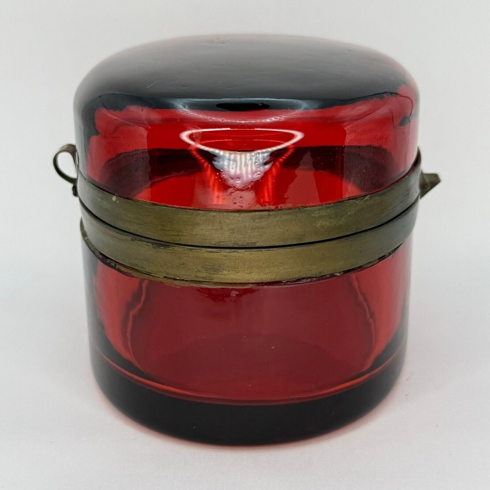 Antique Red Cranberry Crystal Hinged Casket Box Bohemian‎ French Brass Oval Rare - Picture 8 of 14